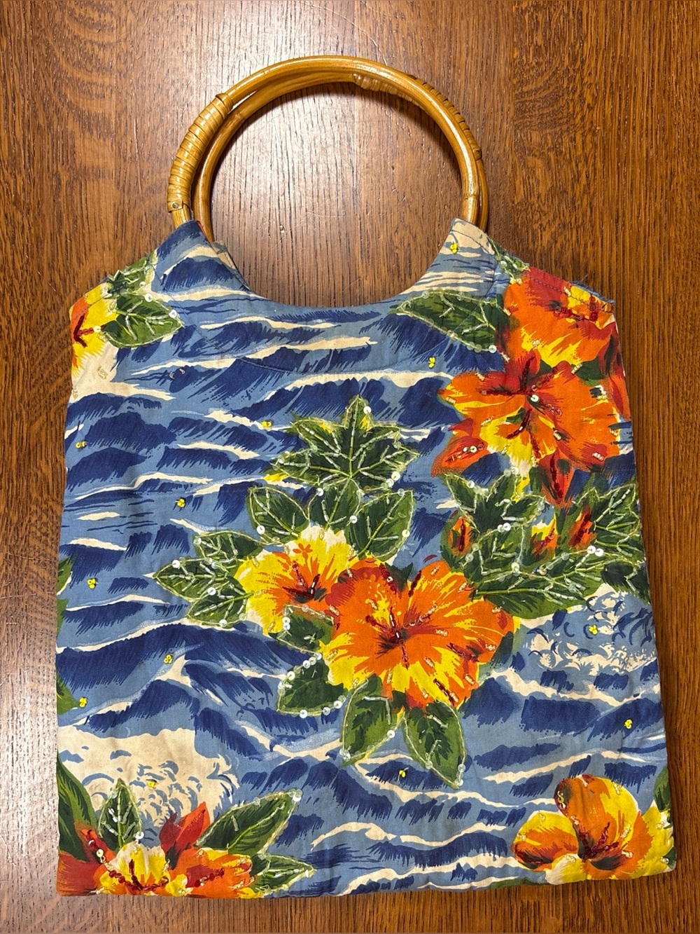 Blue Floral Canvas Handbag with Bamboo Ring Handles